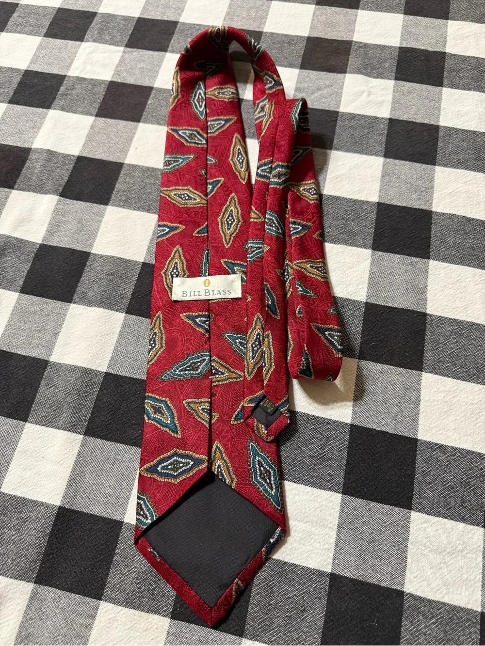 bill blass Red Tie with Teal and Gold Diamond Motifs